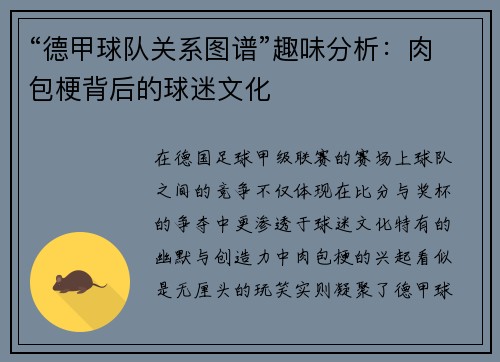 “德甲球队关系图谱”趣味分析：肉包梗背后的球迷文化